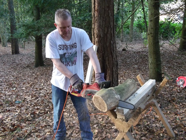Steve in our woods sawing through some of the dead trees, ready to stack in the wood shed. Steve in our woods sawing through some of the dead trees, ready to stack in the wood shed.