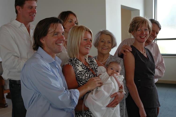 I was an extremely proud god-mother at Daisy's Christening.  From left is our family.....Gary, Peter, Fiona, Jenny (me) holding Daisy, Mum, Jane and Dad.