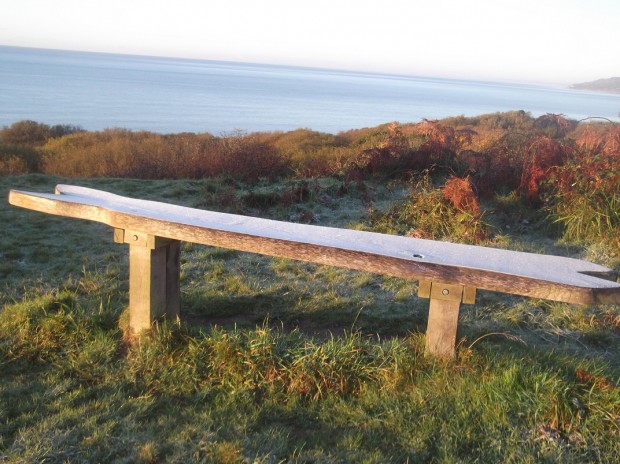 Frost covering a welcome seat on the way to Golden Cap
